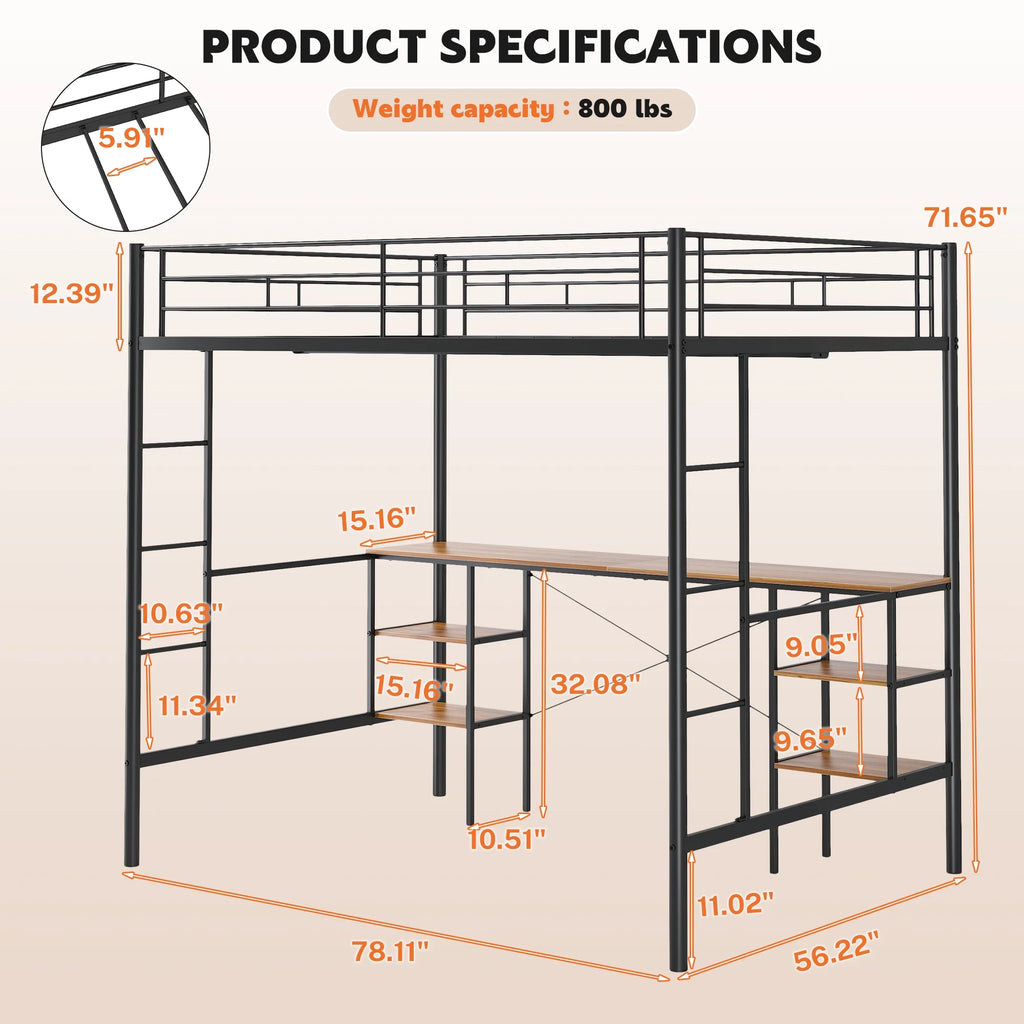 Black Twin Metal Loft Bed with Desk and 4 Shelves M286507