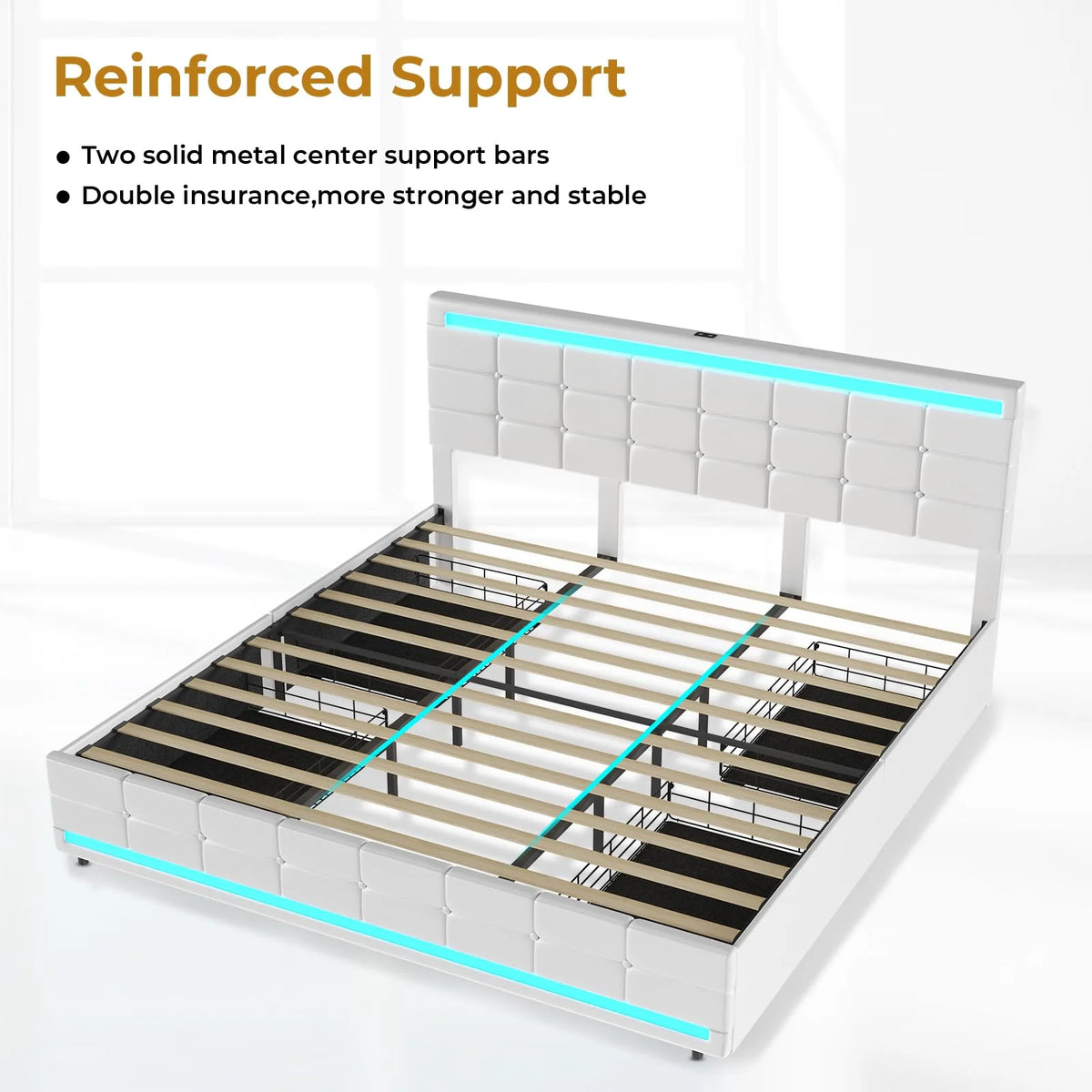 King Bed Frame with Storage Drawers, LED Lights, USB Port, White T703652