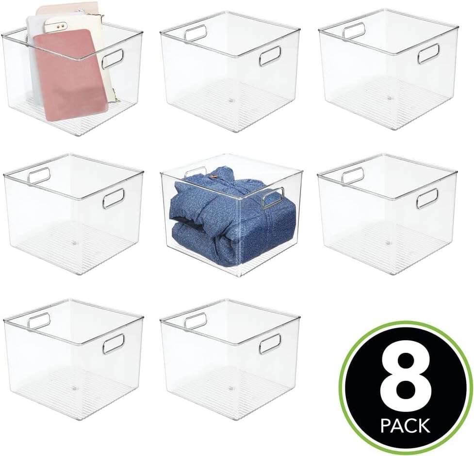 Clear 8 Pack Plastic Stackable Storage Organizer Bin Basket with Handle S327