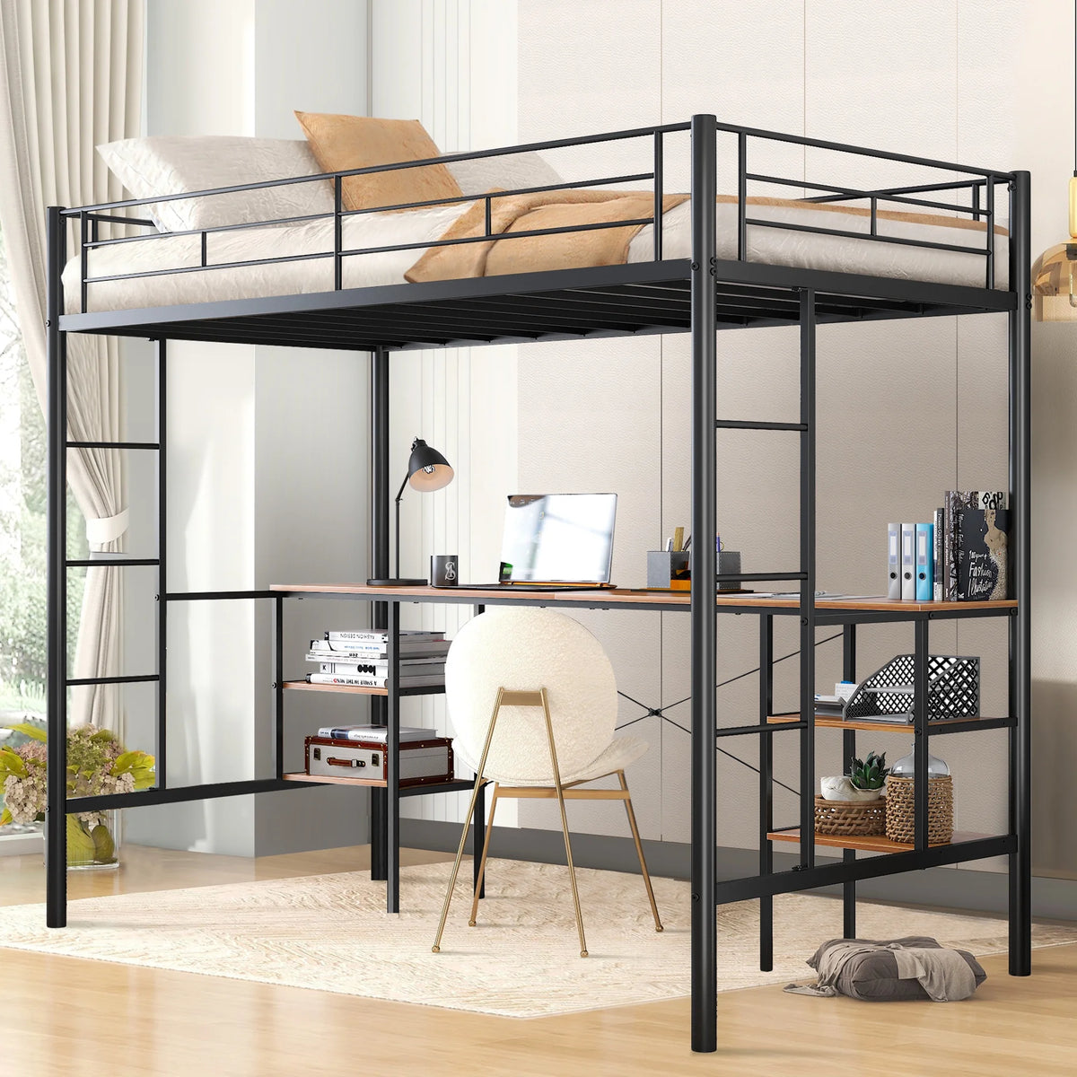 Black Twin Metal Loft Bed with Desk and 4 Shelves M286507