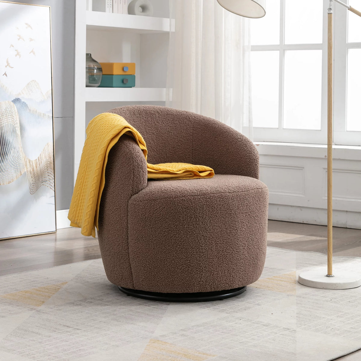 Coffee Brown Teddy Fabric Swivel Accent Armchair H61217