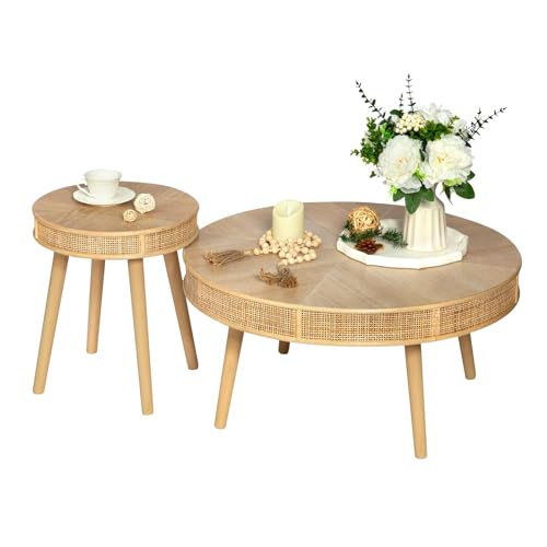 2-Piece Solid Wood Rattan Coffee Table Set Q16321