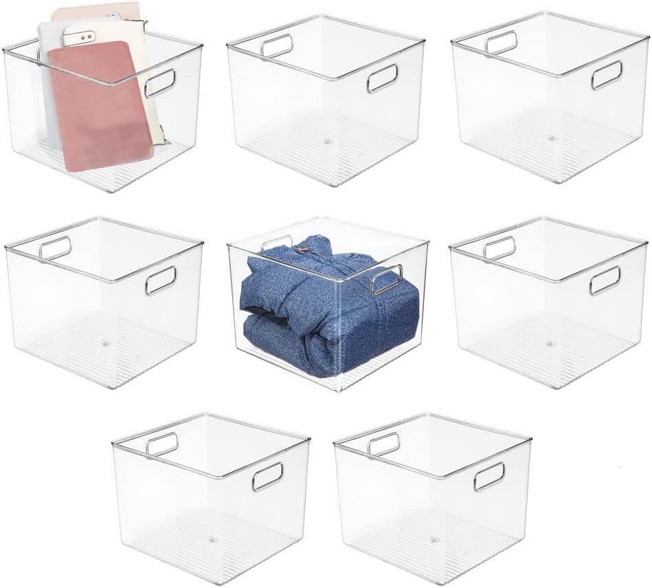 Clear 8 Pack Plastic Stackable Storage Organizer Bin Basket with Handle S327