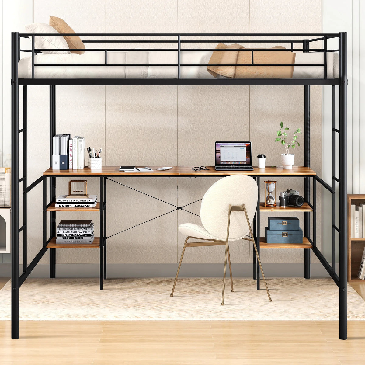 Black Twin Metal Loft Bed with Desk and 4 Shelves M286507