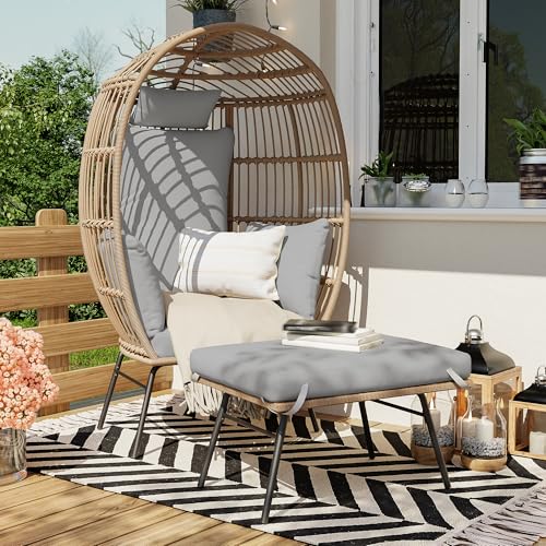 Oversized Grey Wicker Egg Chair with Ottoman I241301