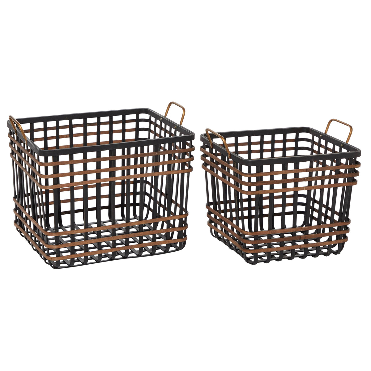 Black Bamboo and Antique Gold Metal Basket with Handles, Set of 2 X45300