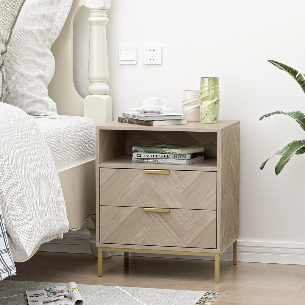 Oak 2 Drawer Wood Nightstand with Open Shelf A89595