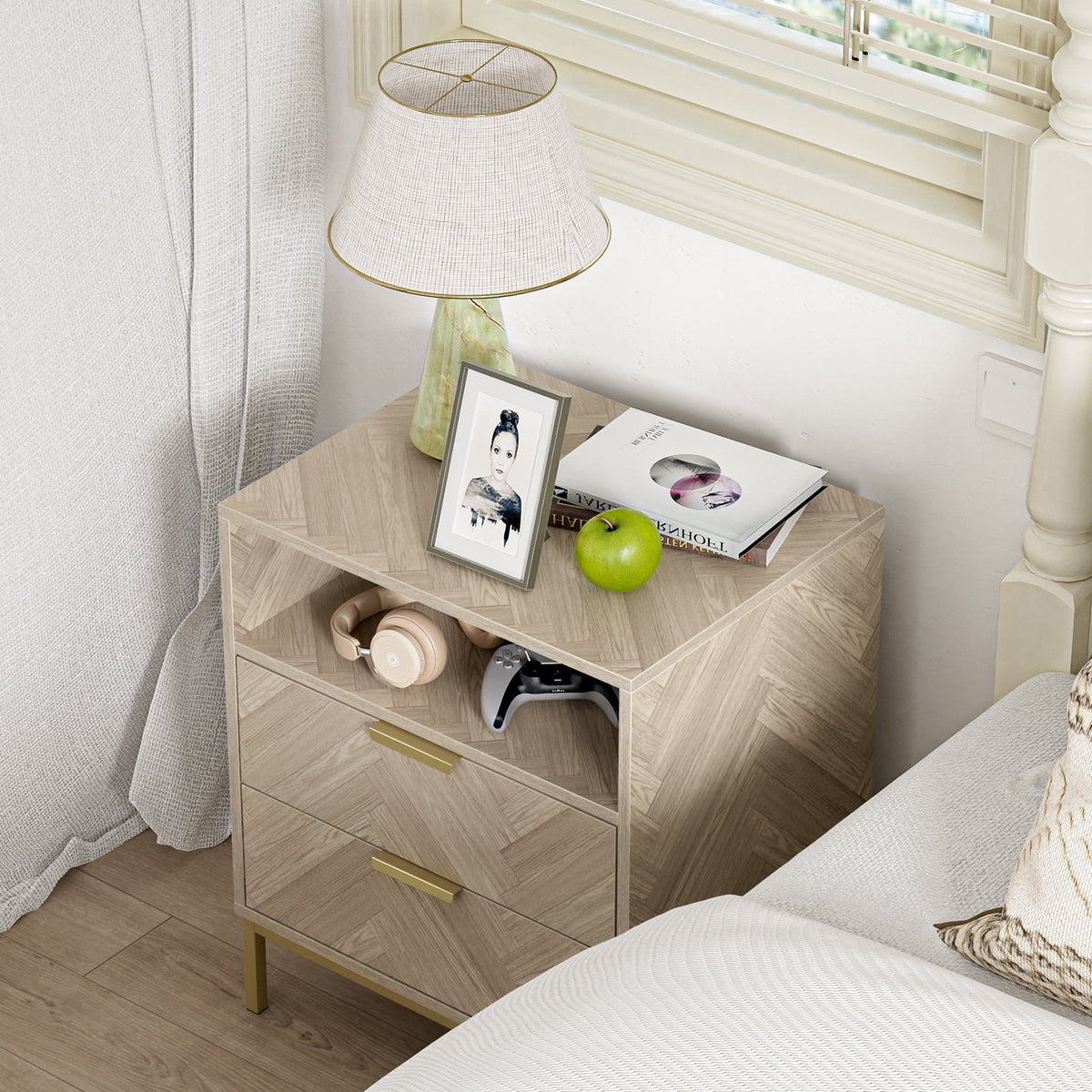 Oak 2 Drawer Wood Nightstand with Open Shelf A89595