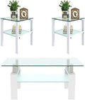 3 Piece Glass Coffee Table and End Tables Set with Tempered Glass Tabletop and Metal Frame S4216