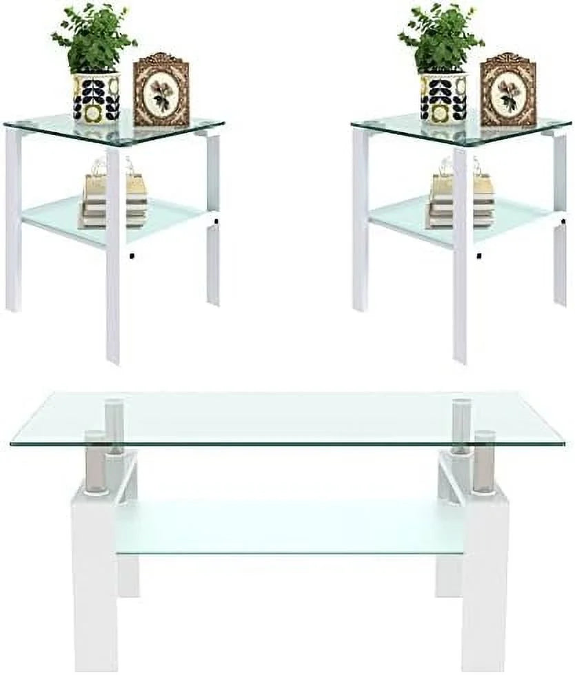 3 Piece Glass Coffee Table and End Tables Set with Tempered Glass Tabletop and Metal Frame S4216