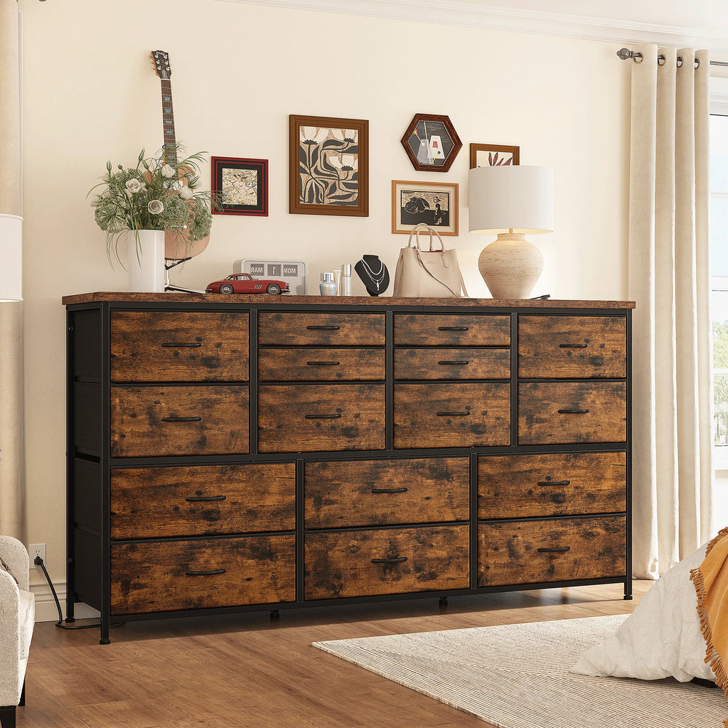 Black 16 Drawer Fabric Dresser TV Stand with Power Outlet E860891