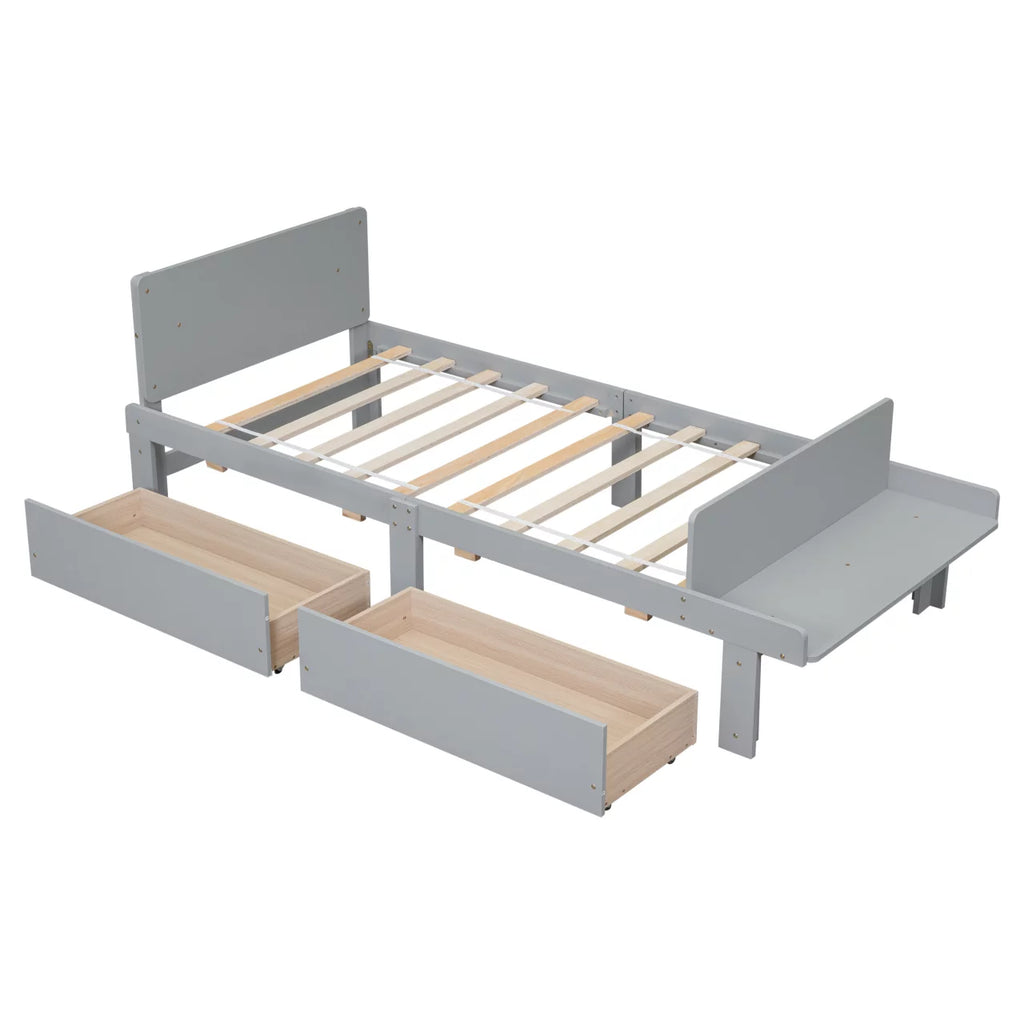 White Twin Size Wood Platform Bed Frame with 2 Storage Drawers F418