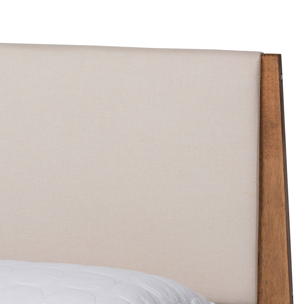 Beige Fabric Upholstered Walnut Brown Wood Queen Size Platform Bed Y237222