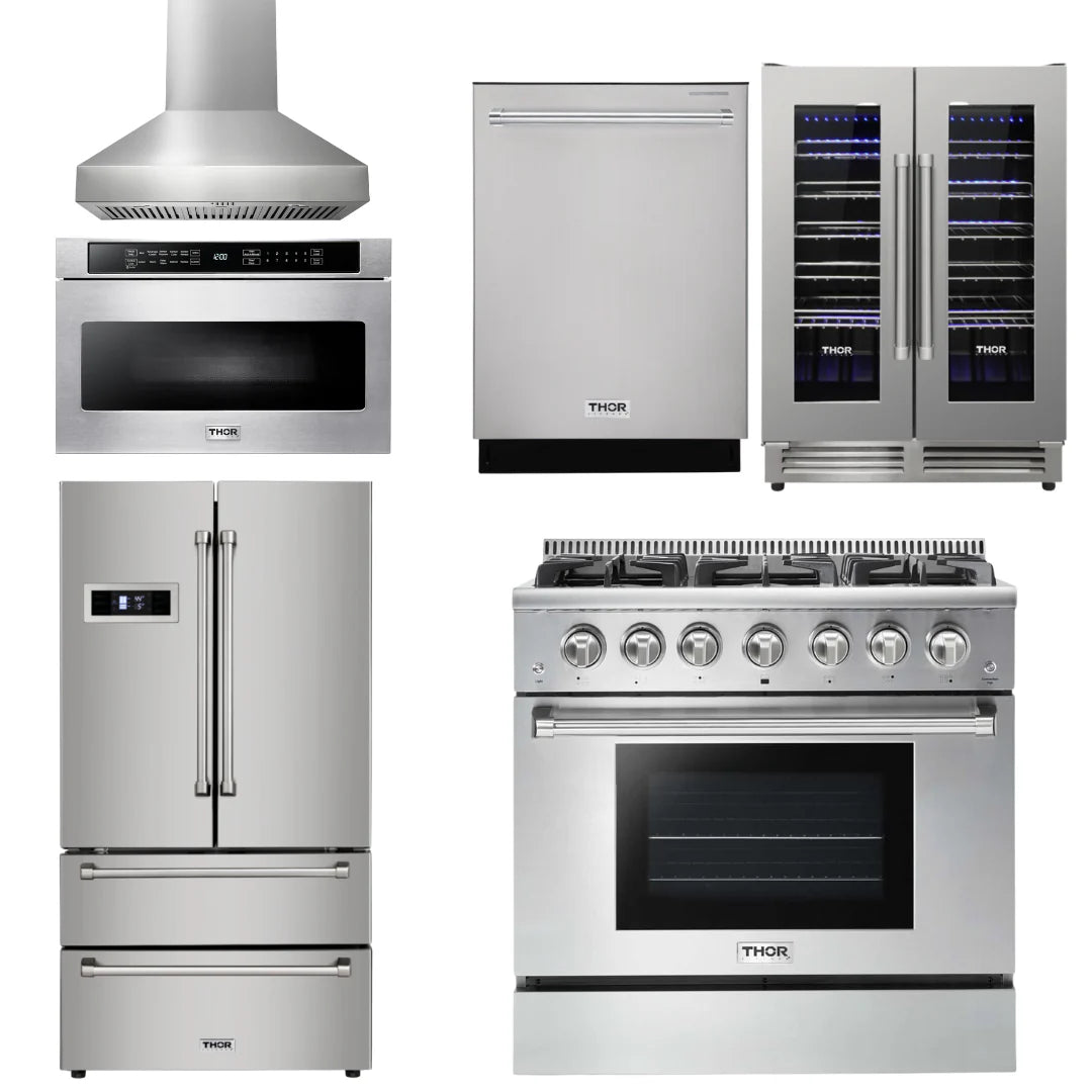 36 Propane Gas Range, Range Hood, Microwave, Refrigerator, Dishwasher, Wine Cooler C493504
