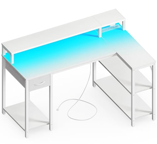 47 inch Reversible L Shaped Desk with LED Lights & Power Outlets U550825