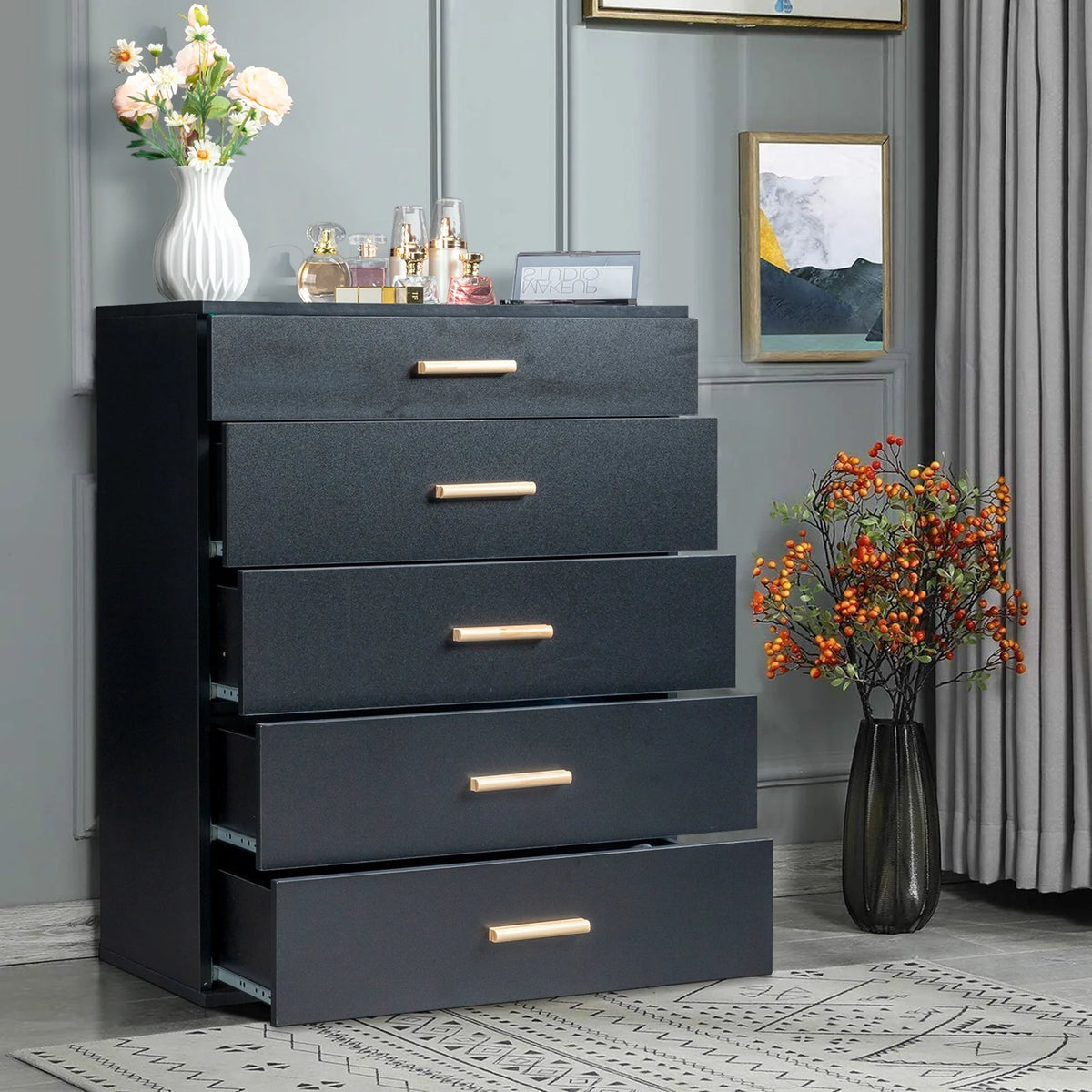 Black 5 Drawer Wood Dresser P344130