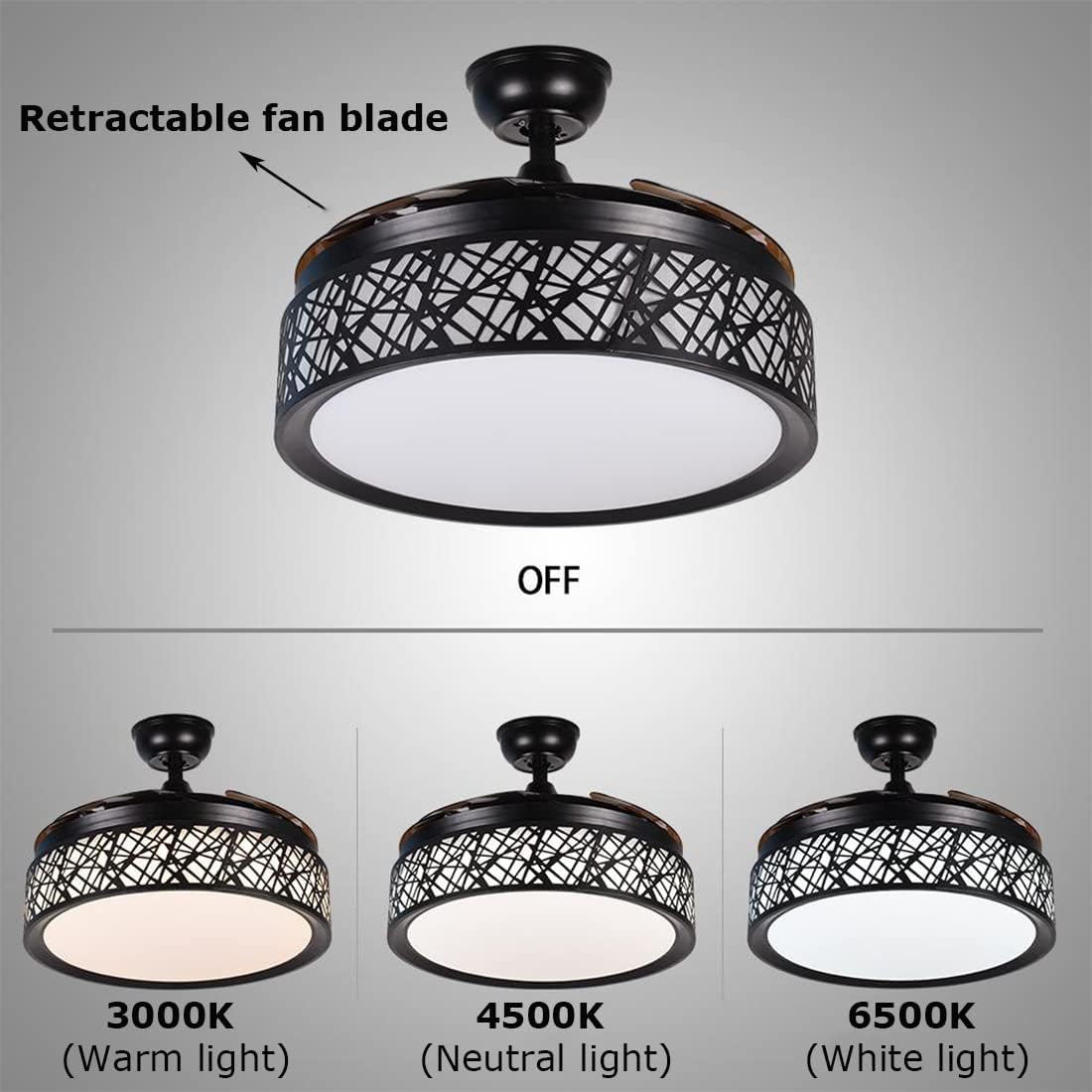 42'' Black Cage Retractable Ceiling Fan with Light and Remote H84190