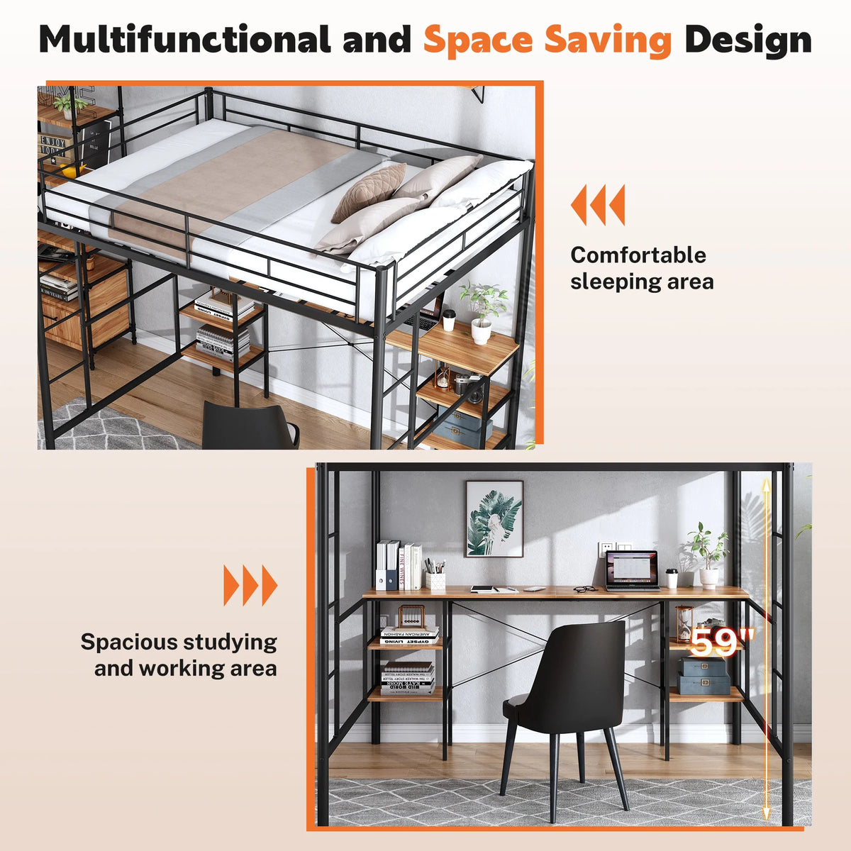 Black Twin Metal Loft Bed with Desk and 4 Shelves M286507