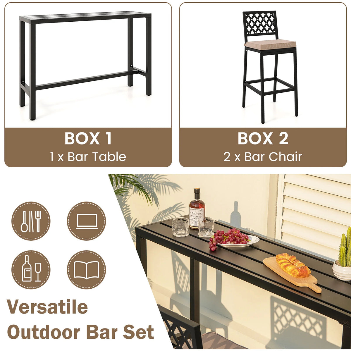3PCS Outdoor Metal Bar Table & Chairs Set with Cushion F8430