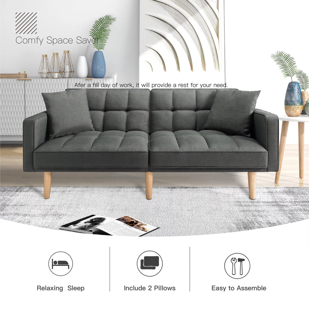 71.3 inch Futon Sofa Bed Convertible Sleeper Couch with 2 Pillows Navy Blue W198