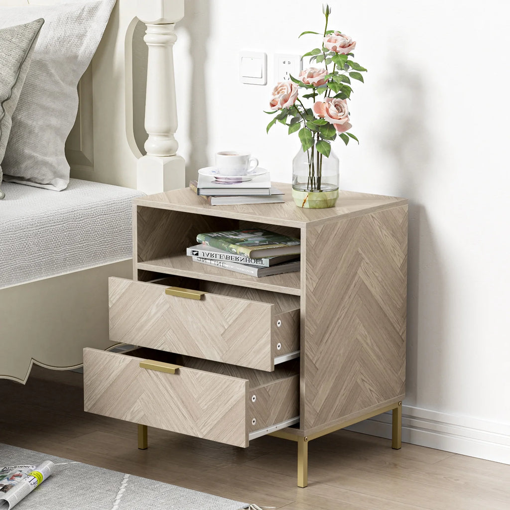 Oak 2 Drawer Wood Nightstand with Open Shelf A89595