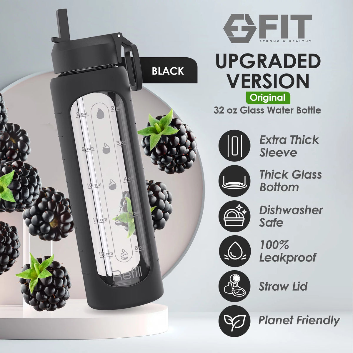 32 oz Glass Water Bottle with Time Marker and Carrier T854