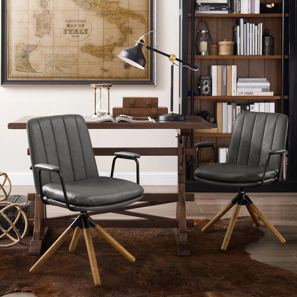 Gray Faux Leather Swivel Accent Chair with Oak Wood Legs I95543