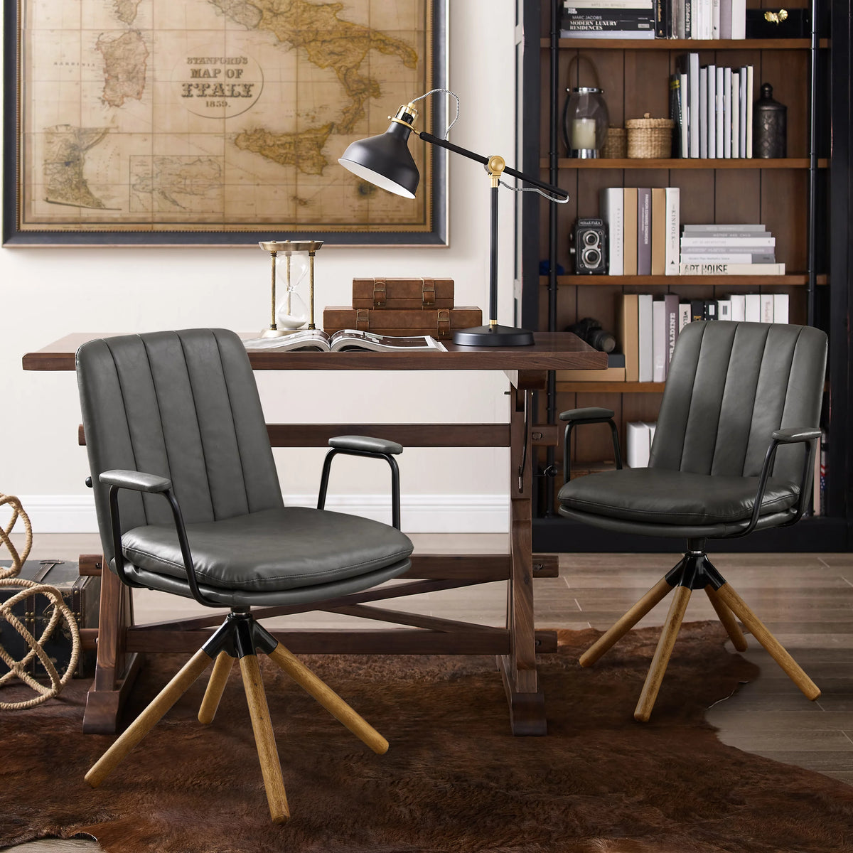 Gray Faux Leather Swivel Accent Chair with Oak Wood Legs I95543