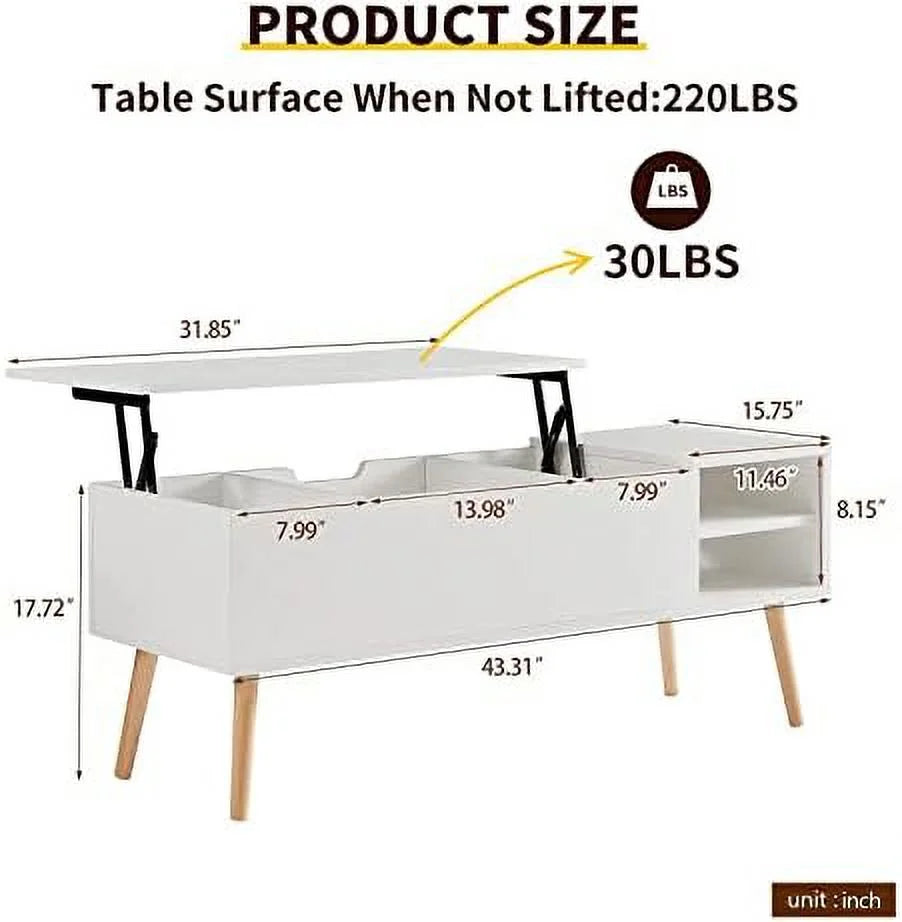 43" Lift Top Wooden Coffee Table with Hidden Storage and Open Shelves Matte White Q985497