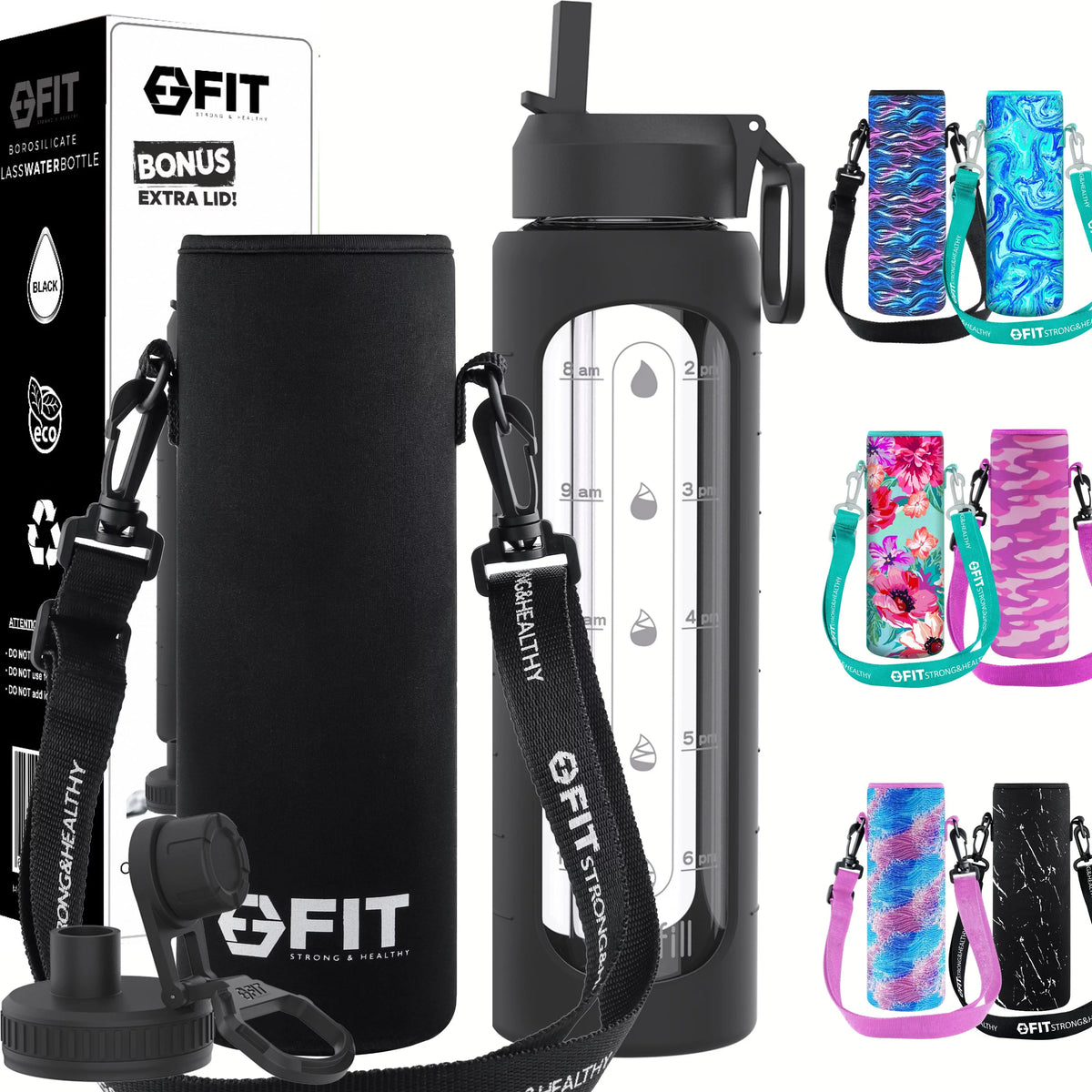 32 oz Glass Water Bottle with Time Marker and Carrier T854
