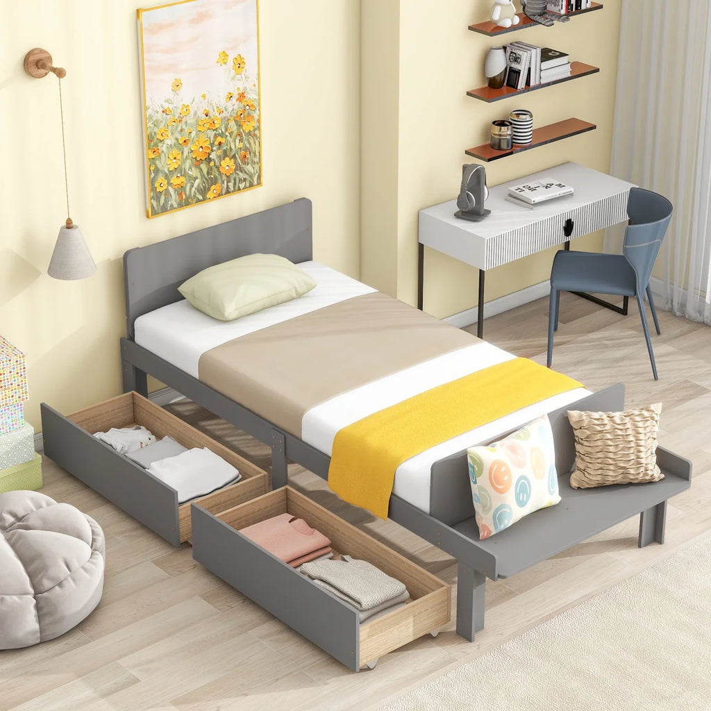 White Twin Size Wood Platform Bed Frame with 2 Storage Drawers F418