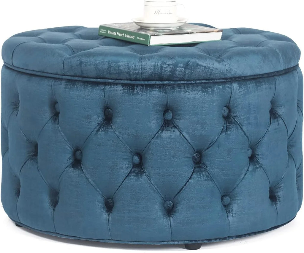 28 Inch Round Blue Velvet Storage Ottoman U268938