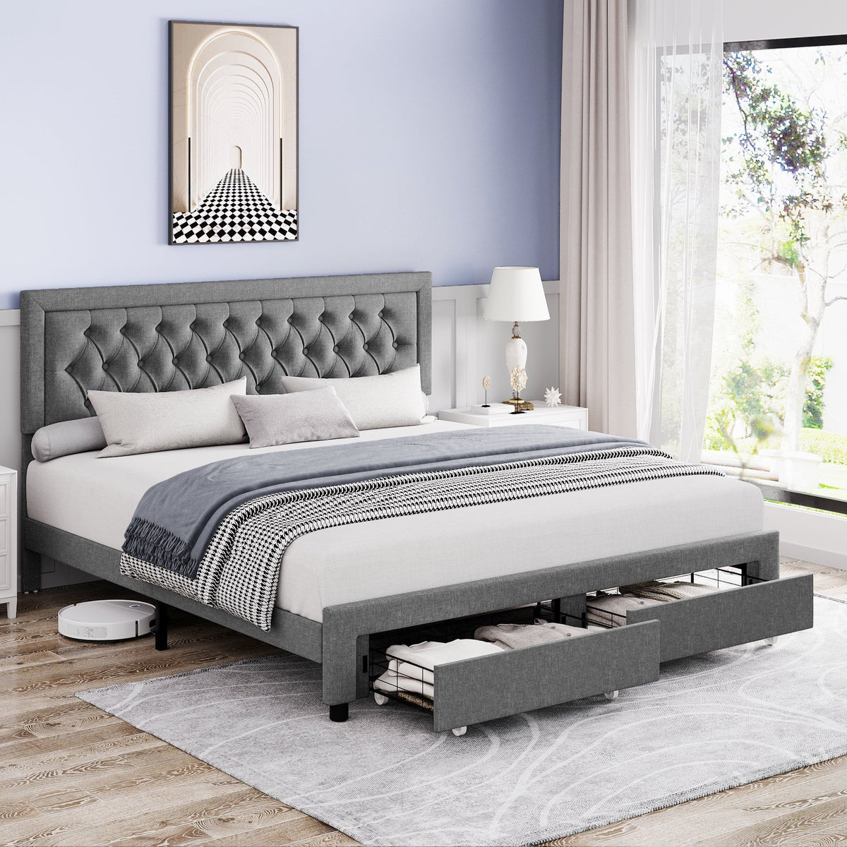 Queen Size 2 Drawers PU Leather Upholstered Platform Bed O5682