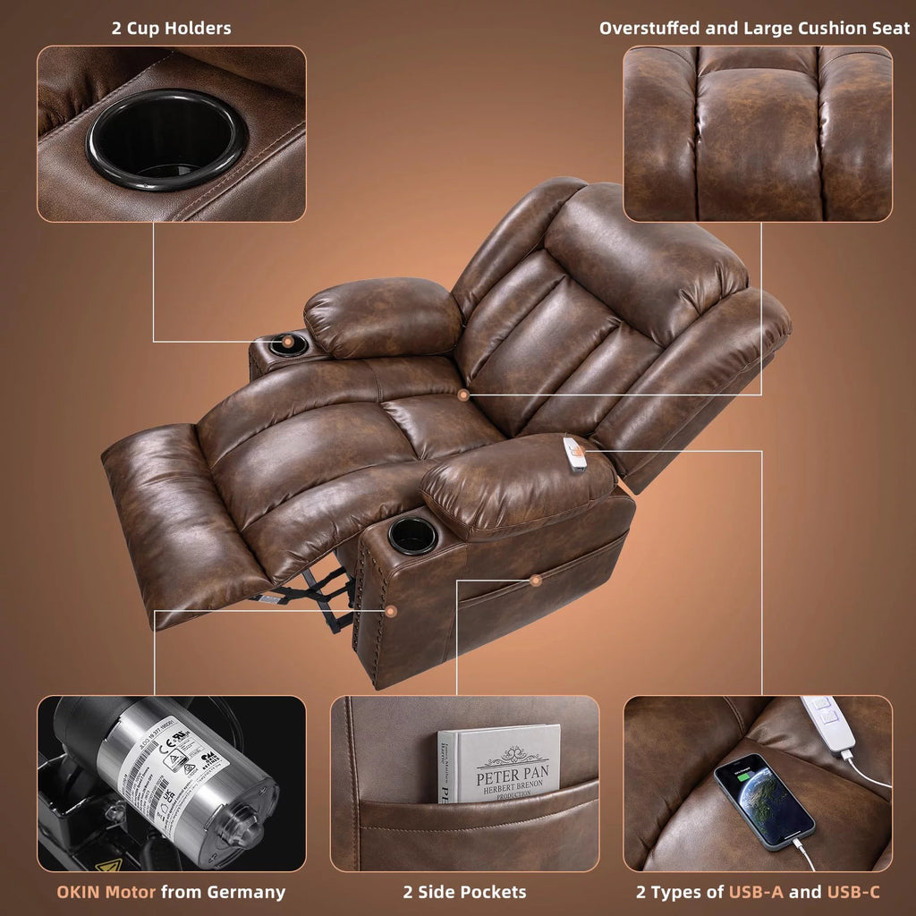Brown Wide Breathable Leather Power Lift Recliner with Massage and Heat N131