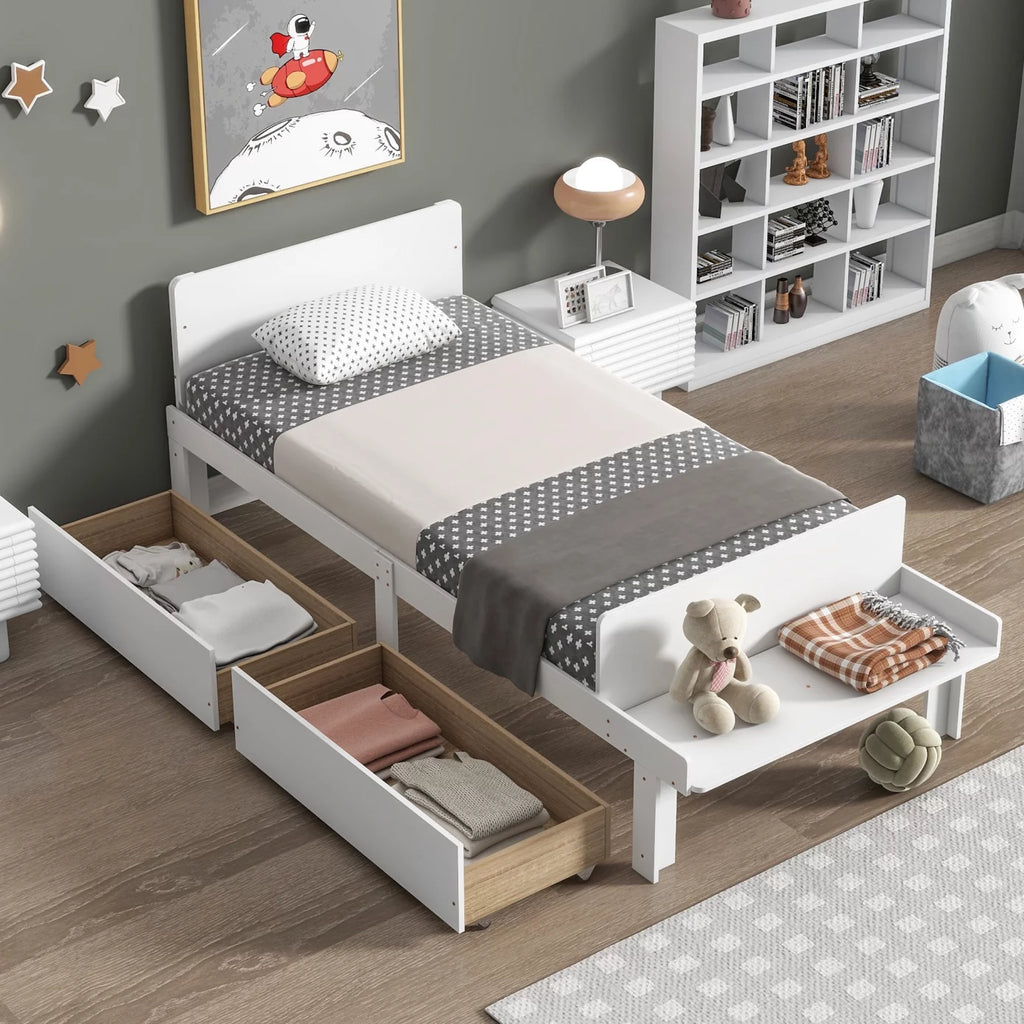 White Twin Size Wood Platform Bed Frame with 2 Storage Drawers F418