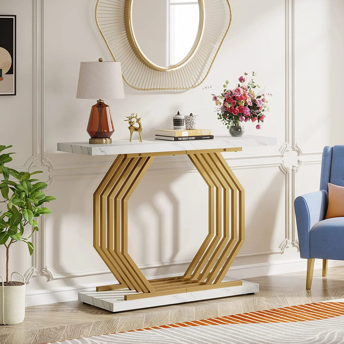 Gold 40 inch Faux Marble Console Table K117