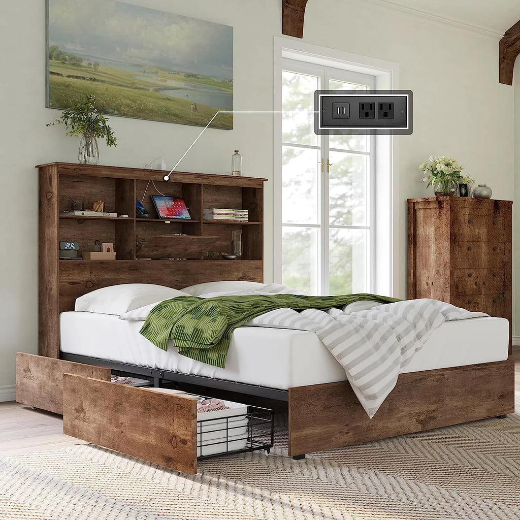 Full Size Wooden Platform Bed with Storage Bookcase Headboard N762