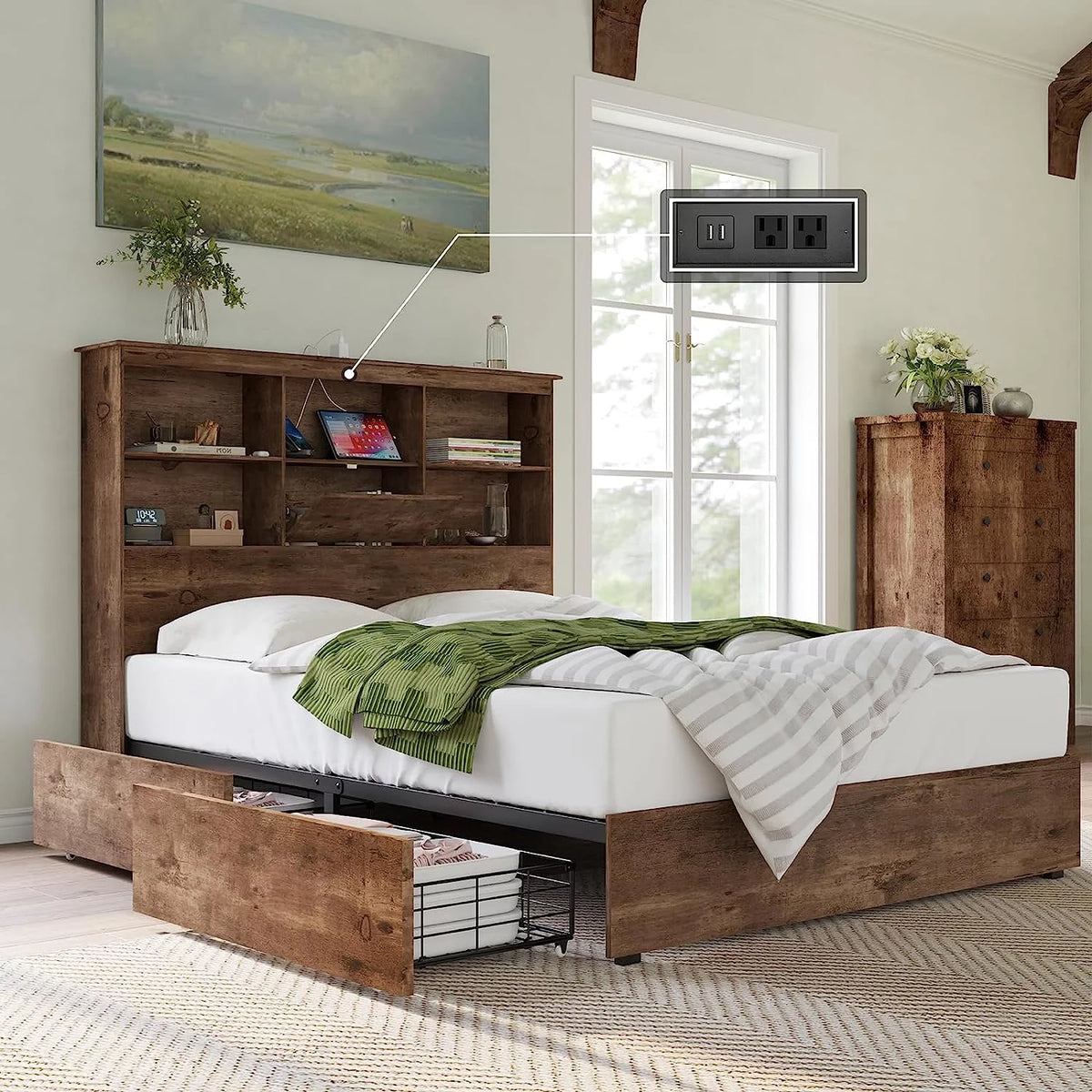 Full Size Wooden Platform Bed with Storage Bookcase Headboard N762