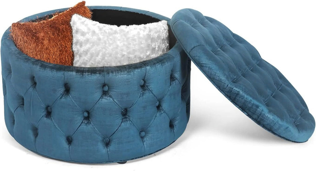 28 Inch Round Blue Velvet Storage Ottoman U268938