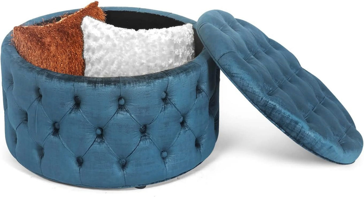 28 Inch Round Blue Velvet Storage Ottoman U268938