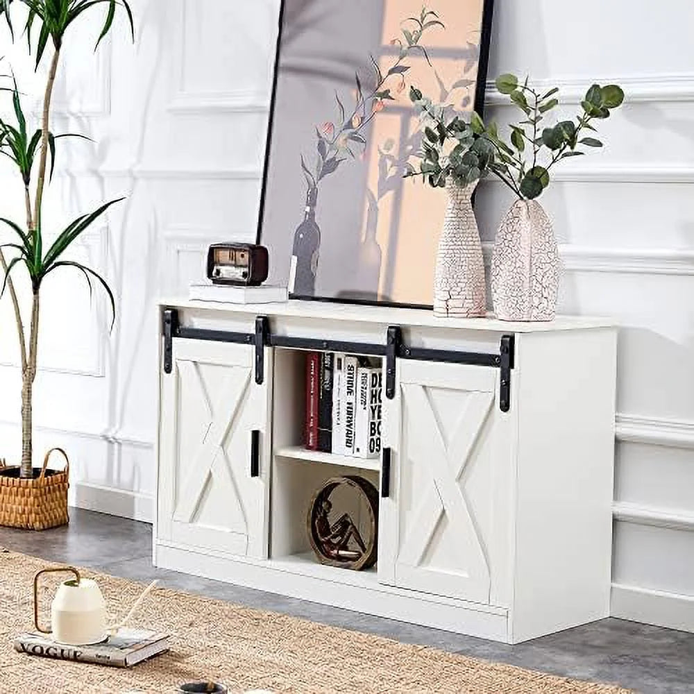 47 Inch White Farmhouse TV Stand with Sliding Barn Door U667