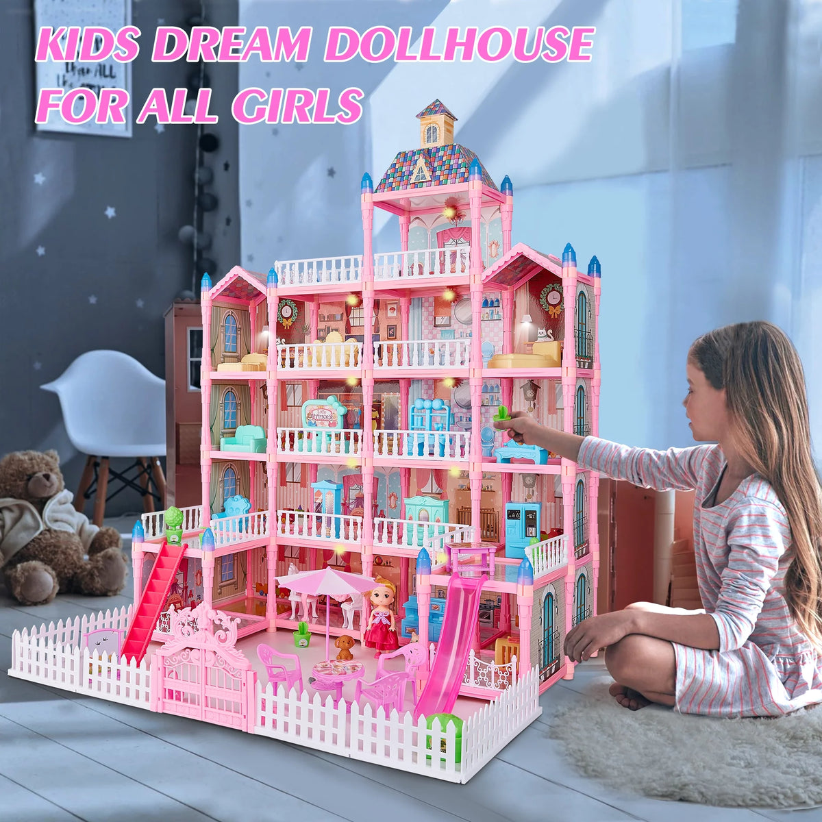 5-Story 19 Rooms Dollhouse with 1 Doll Toy Figure W7389