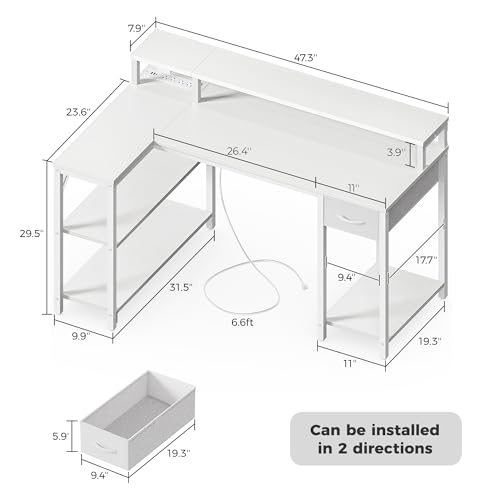 47 inch Reversible L Shaped Desk with LED Lights & Power Outlets U550825