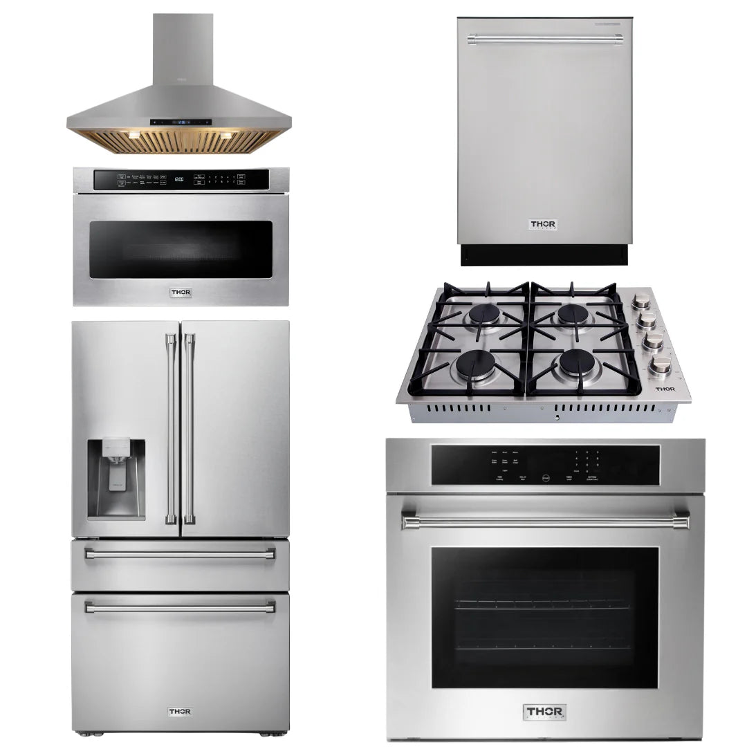 30 Wall Oven, Cooktop, Range Hood, Refrigerator with Water and Ice Dispenser, Dishwasher, Microwave F139