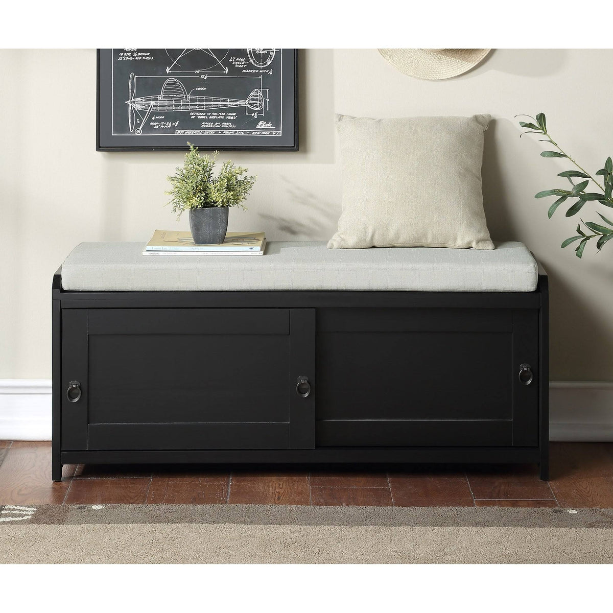 Wood Storage Bench with 2 Cabinets Black T78616