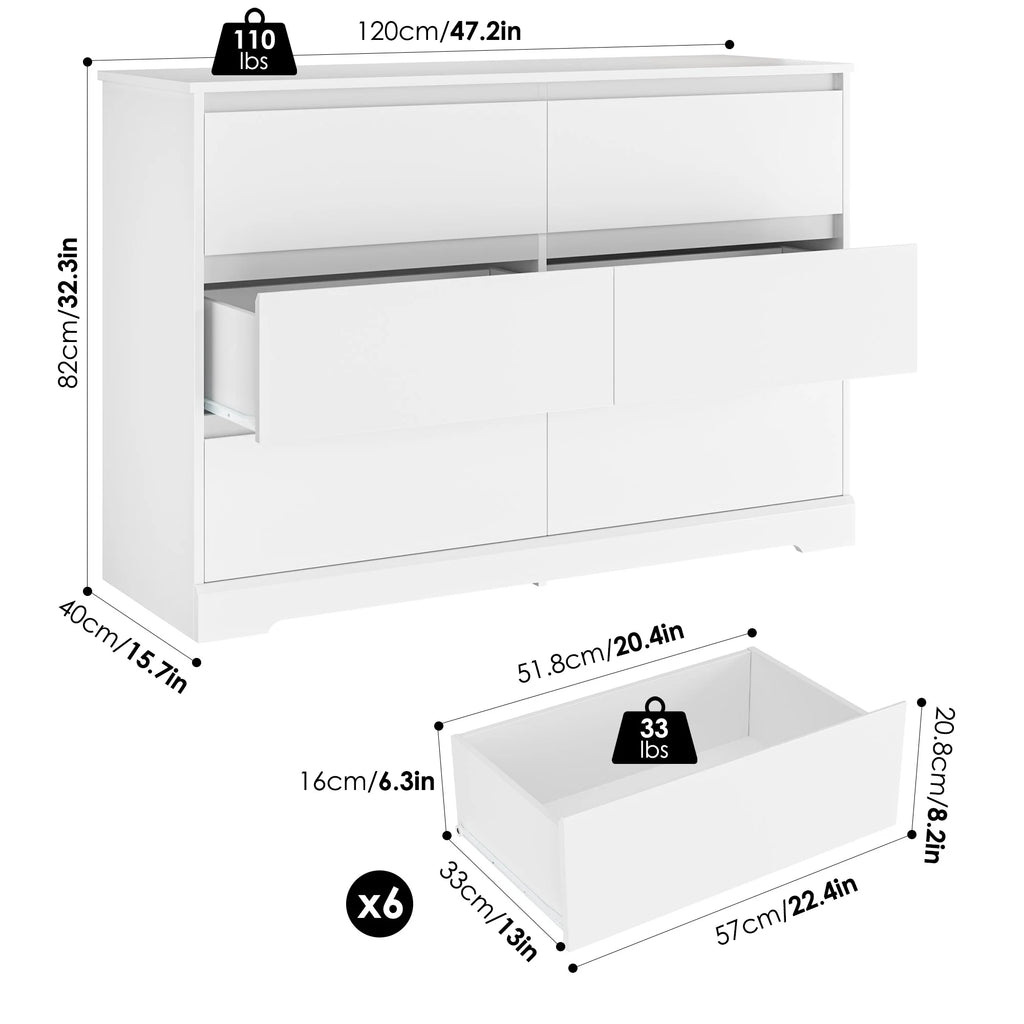 White 6 Drawer Wood Dresser B57662