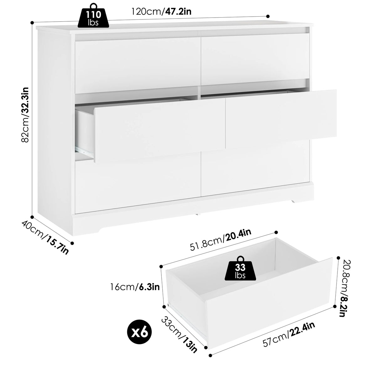 White 6 Drawer Wood Dresser B57662