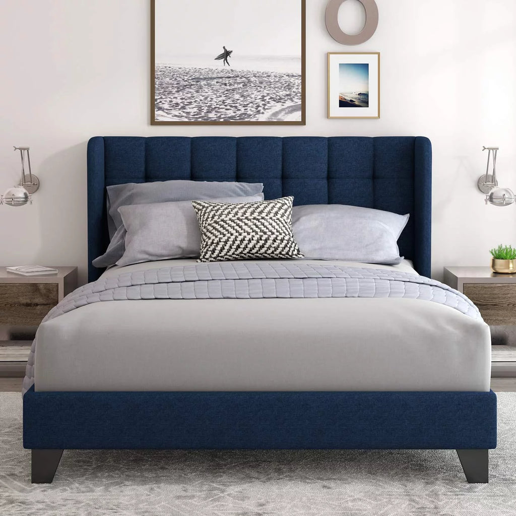 Queen Platform Bed Frame with Upholstered Wingback Linen Fabric Headboard U905