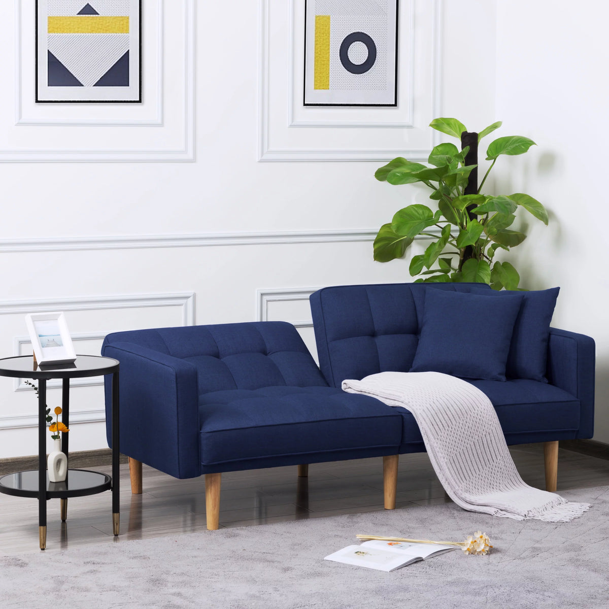 71.3 inch Futon Sofa Bed Convertible Sleeper Couch with 2 Pillows Navy Blue W198