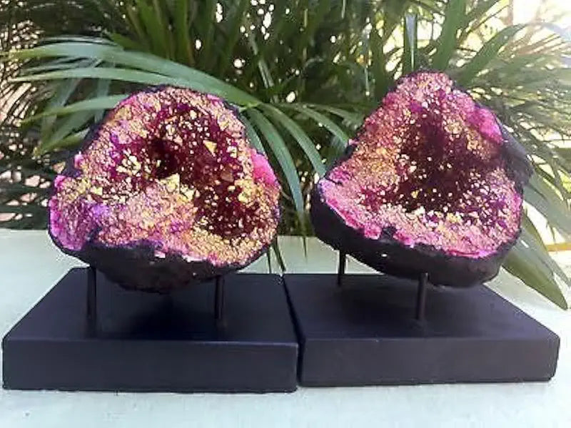 Large Pink Crystal Geode Pair with Stands H553